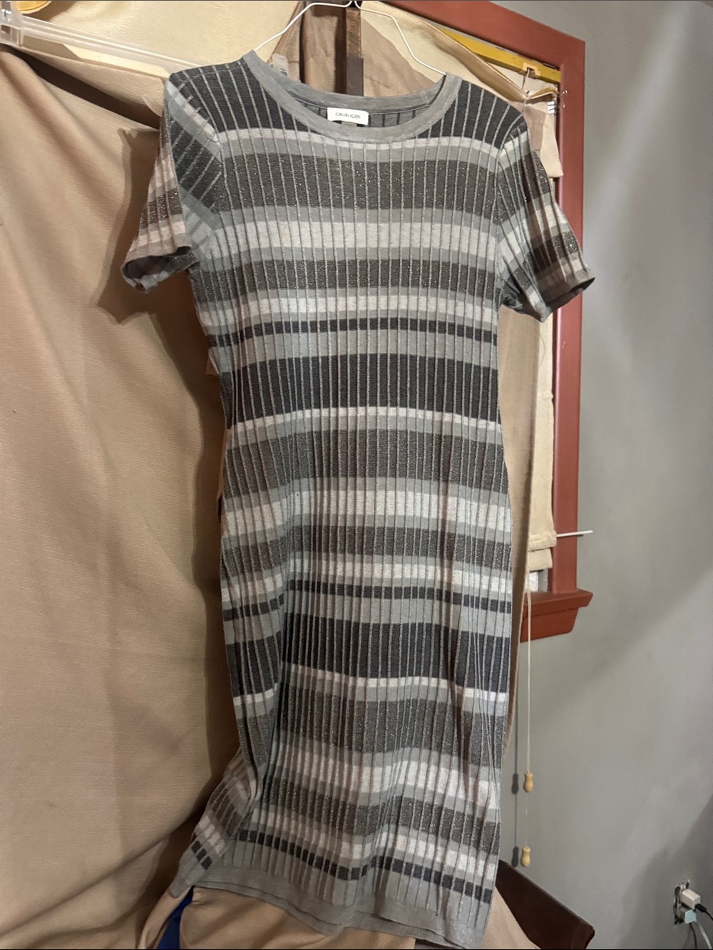 Calvin Klein Striped Ribbed Midi Dress in Gray and White S-1